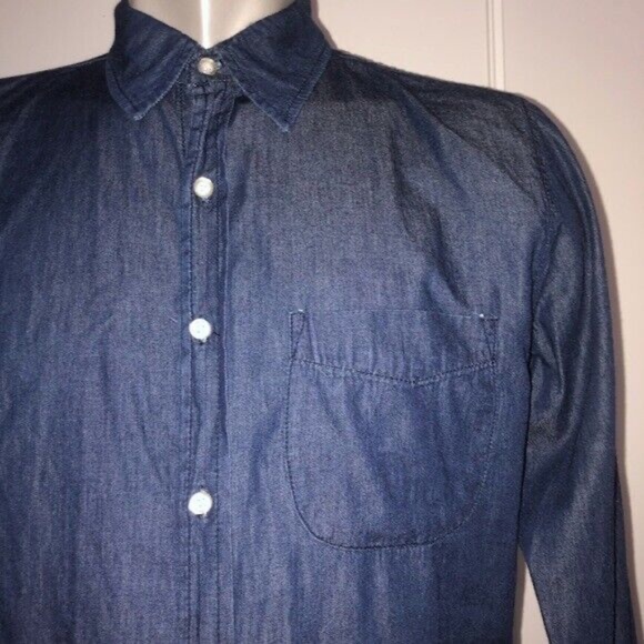 NEW Mens $200 NSF Denim Chambray Shirt w/ Mexican Blanket Back Raw Hem - Picture 3 of 4